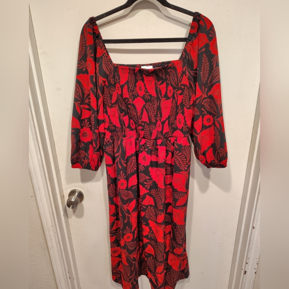 Latino Heritage Month Women's Red Floral Smocked Midi Dress M Milkmaid Romantic